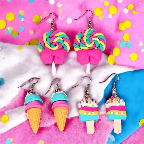 🆕️ Cute Cartoon Earrings Set - Ice Cream, Lollipop & Popsicle Fun Gift Idea - Picture 10 of 10